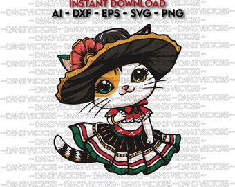 Vector File - Cat Mexican Huipil Dress 2 Art Ai Svg Dxf Png Eps - laser Graphic Print Design File Coloring Manga Cartoon Clipart Kitty