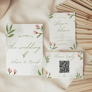 Ensemble de mariage floral de printemps, modèles de mariage stationnaires imprimables, panneau de bienvenue aquarelle, sauvegarde personnalisée de la date, code QR RSVP, 097 image 1