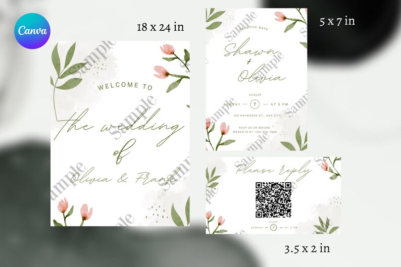 Ensemble de mariage floral de printemps, modèles de mariage stationnaires imprimables, panneau de bienvenue aquarelle, sauvegarde personnalisée de la date, code QR RSVP, 097 image 5