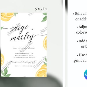 Lemon Wedding Invitation Template, Printable Wedding Invitation, Save The Date, Spring Wedding Card Download, Custom Lemon Invitation 108 image 3