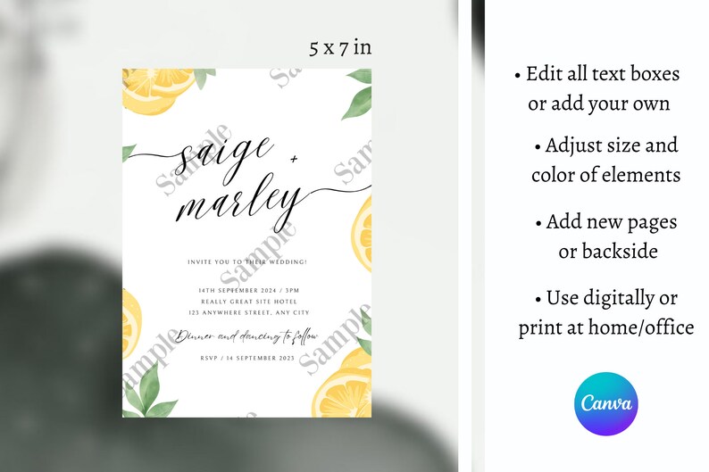 Lemon Wedding Invitation Template, Printable Wedding Invitation, Save The Date, Spring Wedding Card Download, Custom Lemon Invitation 108 image 3