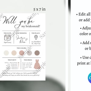 Will You Be my Bridesmaid Card Template, Printable Bridesmaid Proposal, Custom Digital Editable Canva Template, Surprise Card For Bridesmaid image 3