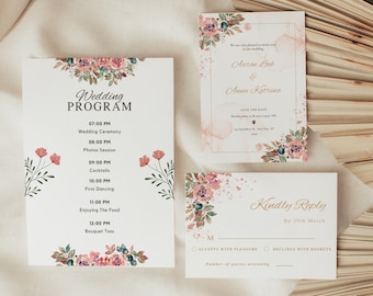 Floral Wedding Stationary Set, Printable Invitation Bundle, Digital Wedding Pink Floral Bundle, RSVP Template, Wedding Program Timeline, KPR