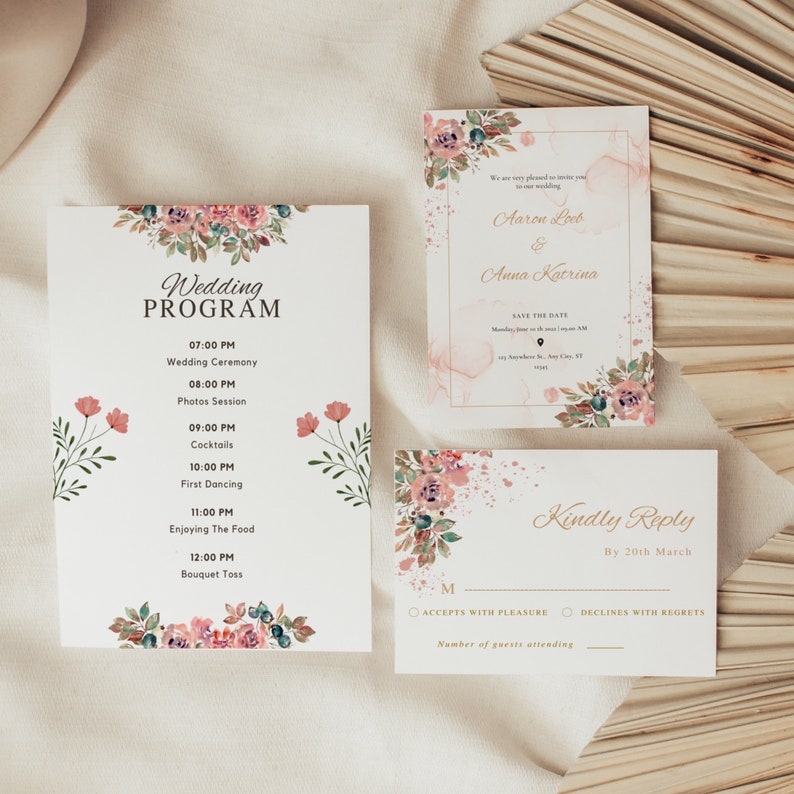 Floral Wedding Stationary Set, Printable Invitation Bundle, Digital Wedding Pink Floral Bundle, RSVP Template, Wedding Program Timeline, KPR image 1