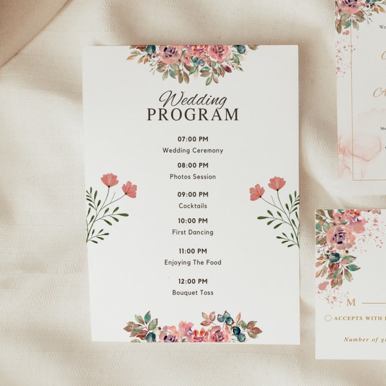 Floral Wedding Stationary Set, Printable Invitation Bundle, Digital Wedding Pink Floral Bundle, RSVP Template, Wedding Program Timeline, KPR image 4