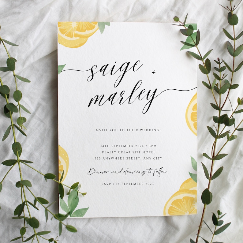 Lemon Wedding Invitation Template, Printable Wedding Invitation, Save The Date, Spring Wedding Card Download, Custom Lemon Invitation 108 image 5