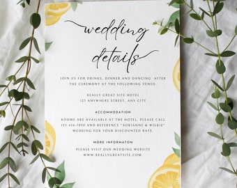 Carte de mariage de détails de citron, modèle personnalisé imprimable, boîtier d'invitation bricolage modifiable, détails de mariage de printemps de citron, téléchargement immédiat #108