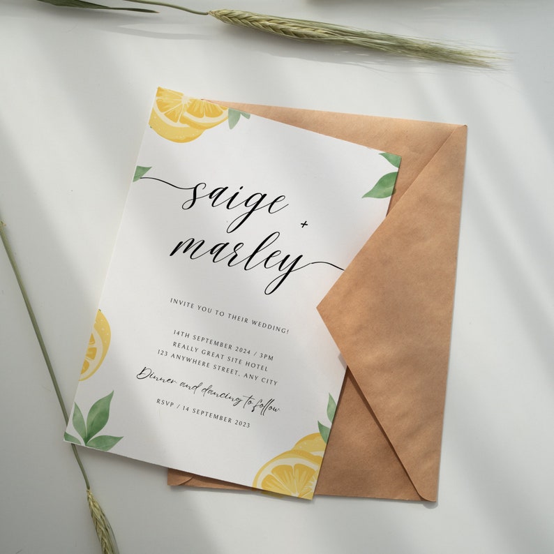Lemon Wedding Invitation Template, Printable Wedding Invitation, Save The Date, Spring Wedding Card Download, Custom Lemon Invitation 108 image 8
