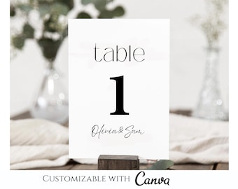 Modèle de numéros de table de mariage de luxe, numéros de table de mariage minimalistes, décor de cartes de table modifiables, modèle de mariage de calligraphie, MIN