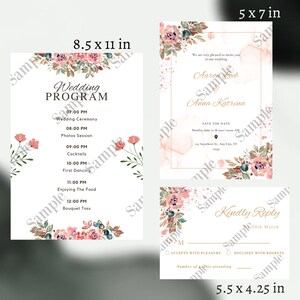Floral Wedding Stationary Set, Printable Invitation Bundle, Digital Wedding Pink Floral Bundle, RSVP Template, Wedding Program Timeline, KPR image 5