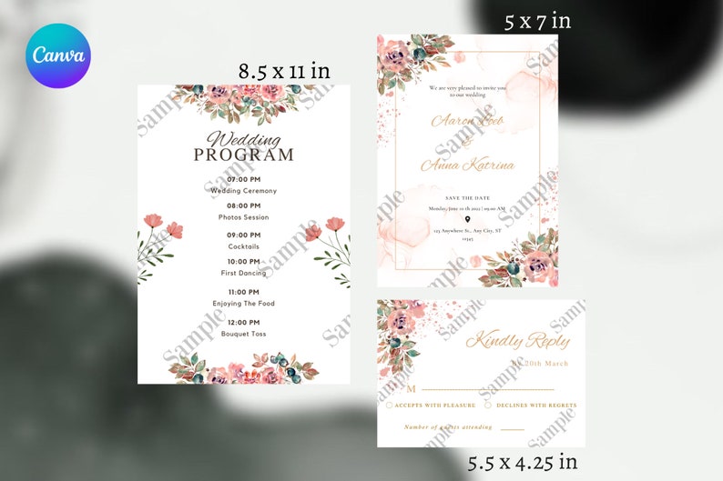 Floral Wedding Stationary Set, Printable Invitation Bundle, Digital Wedding Pink Floral Bundle, RSVP Template, Wedding Program Timeline, KPR image 5