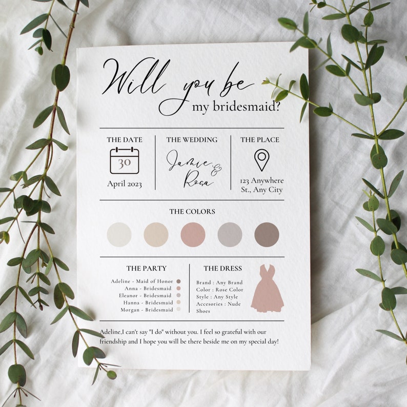Will You Be my Bridesmaid Card Template, Printable Bridesmaid Proposal, Custom Digital Editable Canva Template, Surprise Card For Bridesmaid image 4