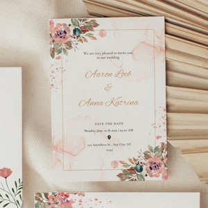 Floral Wedding Stationary Set, Printable Invitation Bundle, Digital Wedding Pink Floral Bundle, RSVP Template, Wedding Program Timeline, KPR image 3