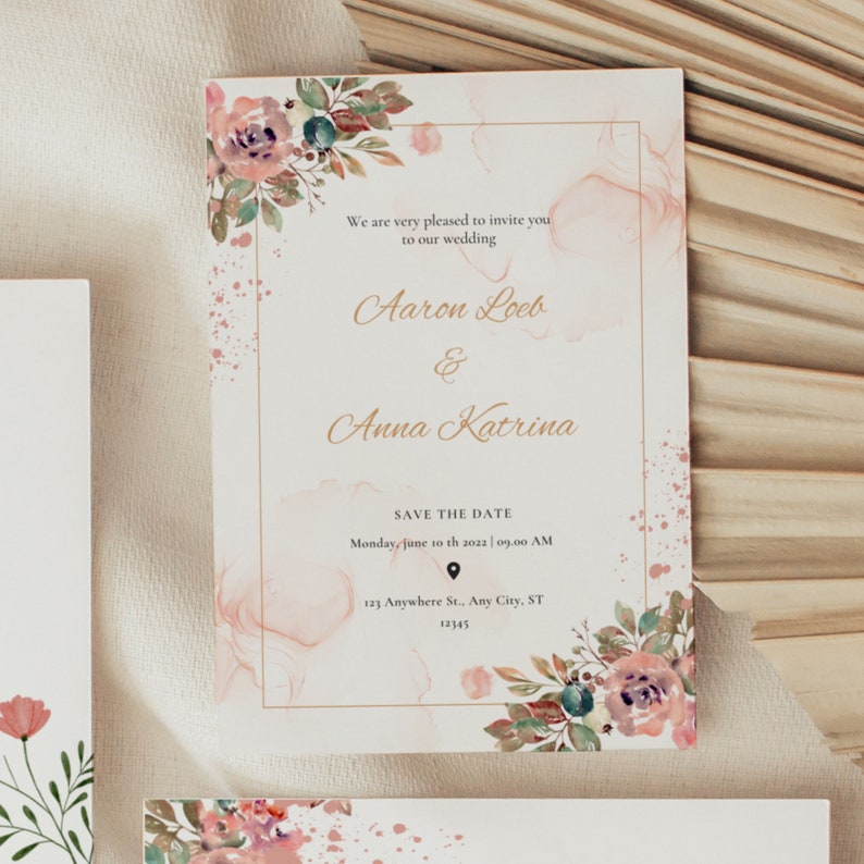 Floral Wedding Stationary Set, Printable Invitation Bundle, Digital Wedding Pink Floral Bundle, RSVP Template, Wedding Program Timeline, KPR image 3