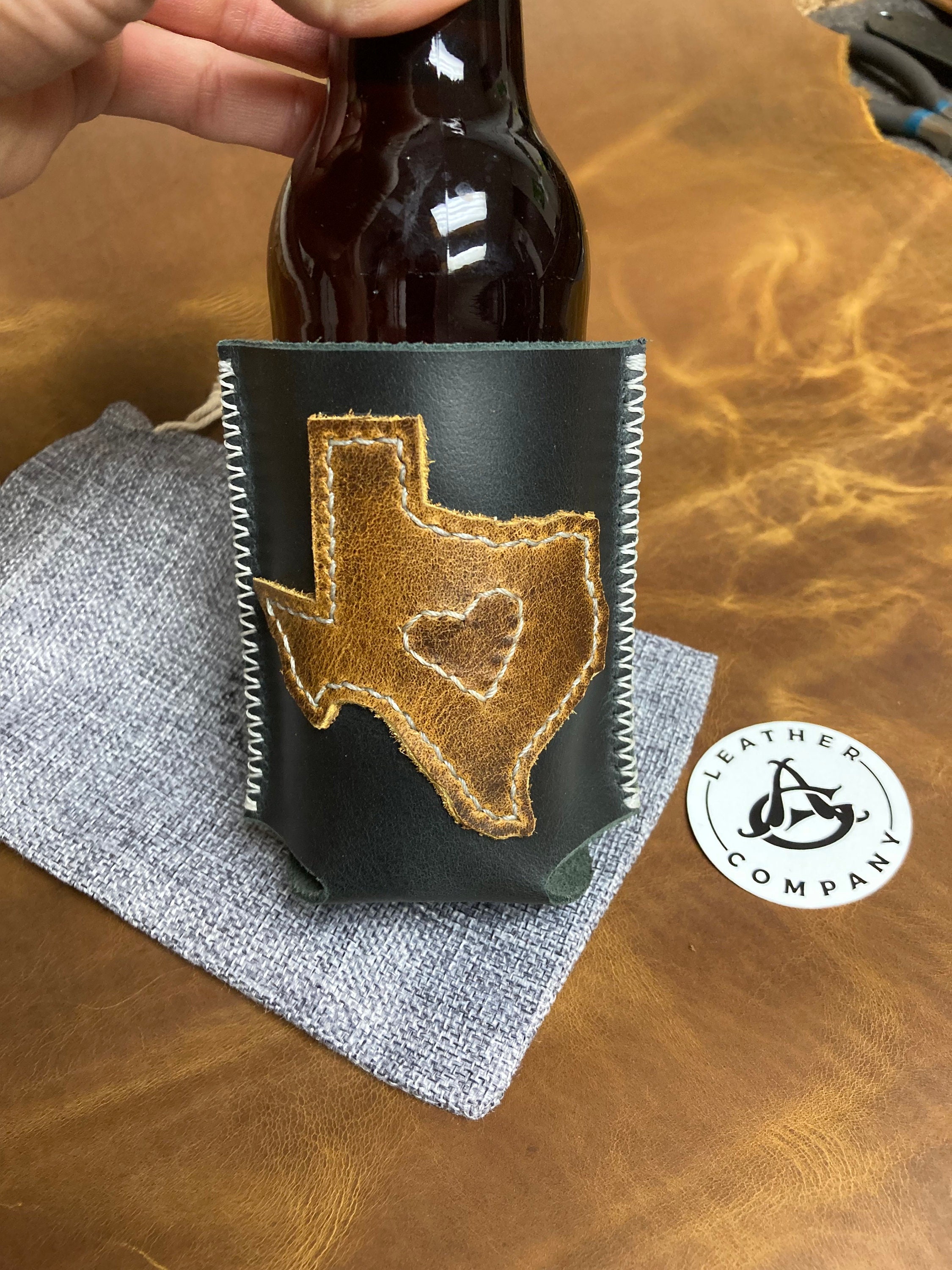 CUSTOM Leather Beer Can Holder, Personalized Huggie, Brew Sleeve,  Customized Leather Gift, 3rd Anniversary (Brown Leather)