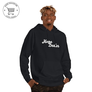 May include: Black hoodie with the words "Hope Dealer" in white script across the chest. The hoodie has a front pocket and a hood. The image also includes a logo with a shopping cart and the words "Cool Prints".