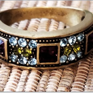 Vintage Heidi Daus Statement Ring, Size 11.75. Art Deco-Style. Tri-Color Swarovski Crystals in Bronze Setting. SALE 30 Dollars. OPDC-0021