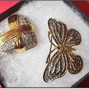 Vintage Gold and Crystal “Cross My Heart” Pin and Scarf Accent with a Coordinated Butterfly Pin. SALE 30 Dollars, OPDC-0031