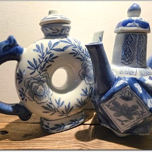 Vintage 1980s Set of Two Ceramic Blue and White 7” Tall Chinese Decorative Teapots with Lids. 70 Dollars. OPDC-0182