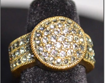 Vintage Heidi Daus Statement Ring, Size 11-3/4. “Belgium Disc” Clear Swarovski Crystals, Bronze Detailed Setting. SALE 30 Dollars, OPDC-0022