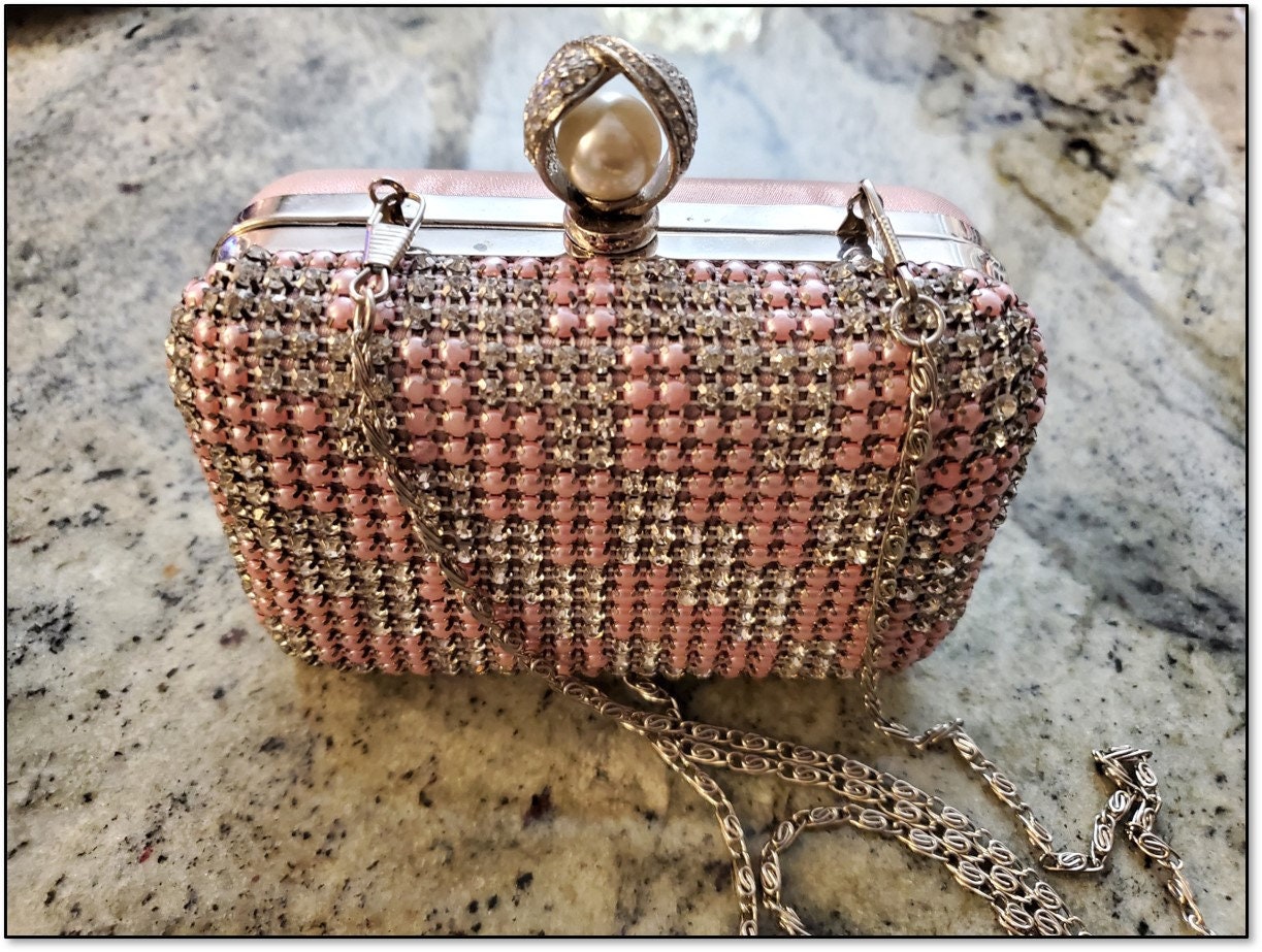 Rhinestone & Multi Size Pearl Stripes Envelope Clutch