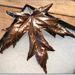 Op de afbeelding: Een koperkleurige esdoornbladbroche, gepresenteerd in een zwarte doos met witte vulling. Het blad heeft gedetailleerde nerven en een getextureerd oppervlak. Een decoratief accessoire geïnspireerd op de natuur.