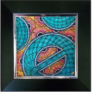 May include: Abstract art painting with a teal, pink, yellow, and black color scheme. The painting features a series of overlapping circles and geometric patterns.