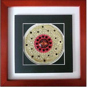 Original “Gold Foil Lace and Black Crystals”, an Elegant Artwork with a Large Fiery, Floral Cabochon. Framed, 30 Dollars, OPDC-0130