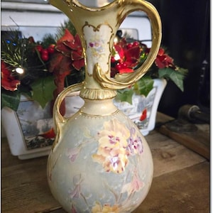 Antique 1900s Royal Bonn Germany Art Nouveau Hand-Painted, Gold-Gilded, Scrolled-Handles, 9.5” Floral Ewer/Vase. SALE 80 Dollars. OPDC-0149