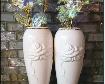 Vintage 1980s Ivory Porcelain 7.5” Lenox Rose Blossom Vases Trimmed in 24K Gold – Fill with Christmas Florals. 75 Dollars. OPDC-0253