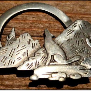 Vintage JJ Jonette 1988 Howling at the Moon on Wolf Mountain, a Pewter Southwestern-Style 3” Pin, Signed. 20 Dollars. OPDC-0205
