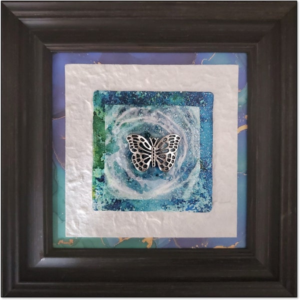Original “Butterfly Swirls in Blue” Mixed Media Piece with Silver Butterfly, Holographic Shimmer, Framed, 30 Dollars, OPDC-0118