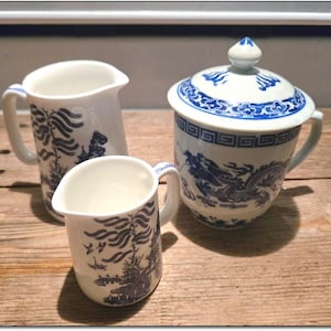 Vintage 1960s Chinese Porcelain Blue Willow Dragon Lidded Coffee/Tea Mug with 2 Creamer Pitchers. 25 Dollars. OPDC-0171