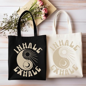 Yin Yang Tote Bag, Yoga Tote Bag, Inhale Exhale Cotton Tote, Yogi Reusable Tote, Womens Mental Health Bag, Motivational Gift, Gym Tote Bag