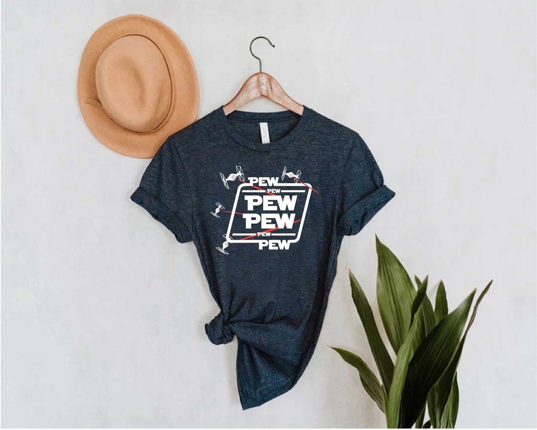 Men's Funny "Pew" Graphic T-Shirt – 80s Style Retro Short Sleeve Tee – Cotton Crew Neck Casual Art Tee