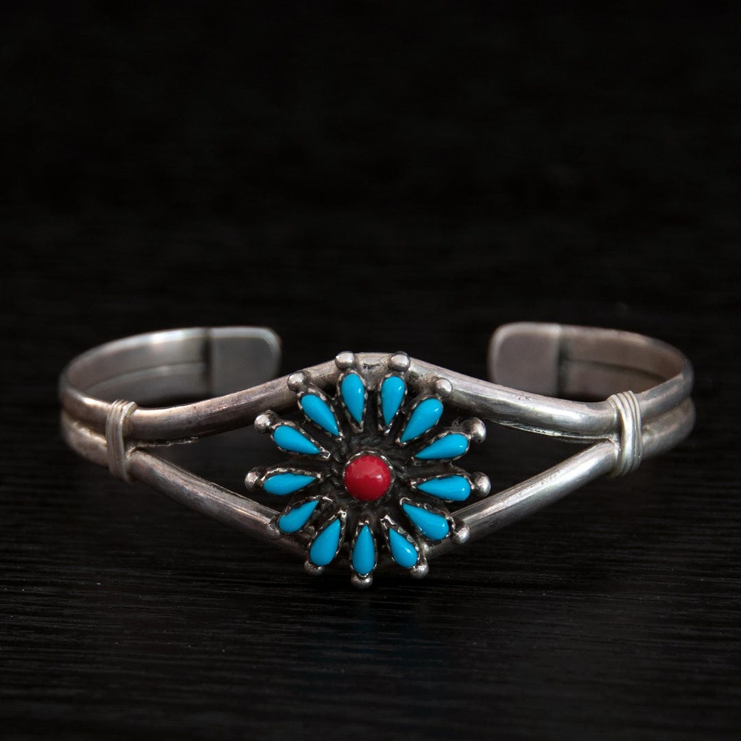 Vintage Zuni Native American Silver Cuff Bracelet With Turquoise and ...