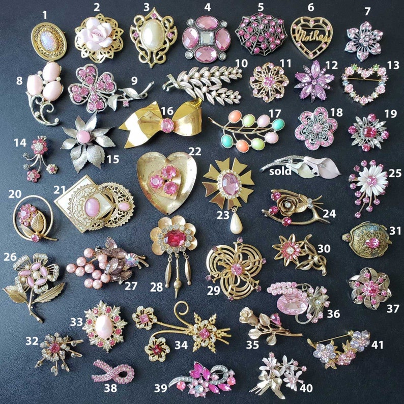 Vintage Pink Rhinestone Brooch Pins Czechoslovakia Coro PD Sarah