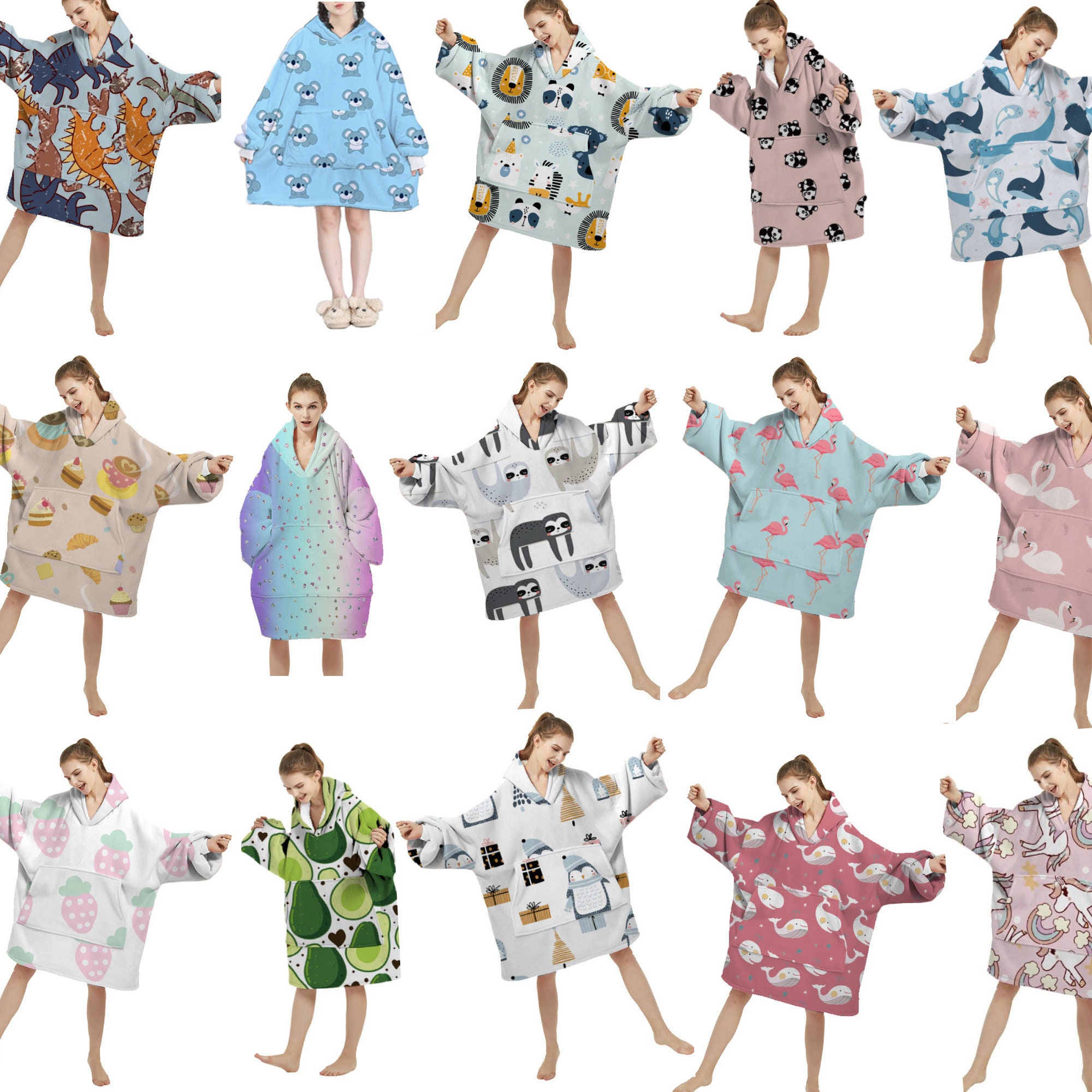 Hoodie Blankets One Size Fits Most Wearable Blanket Large Fleece Hoodie Koala, Flamingo, Sloth, Jungle, Panda, Dino, Unicorn Hoodies