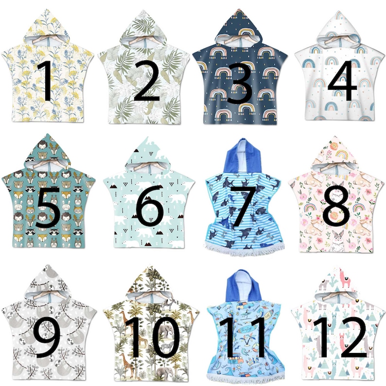 May include: Twelve hooded towels with different patterns, numbered 1 through 12. The towels are white, blue, and green with various animal and nature designs.