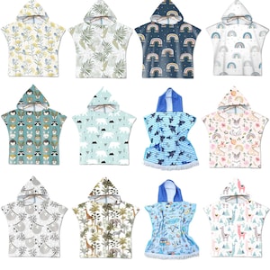 May include: Twelve hooded towels featuring a range of animal and nature-themed prints. The towels come in a variety of colours, including blue, green, pink, and white. All towels are made from soft, absorbent material and are ideal for drying off after swimming or bathing.