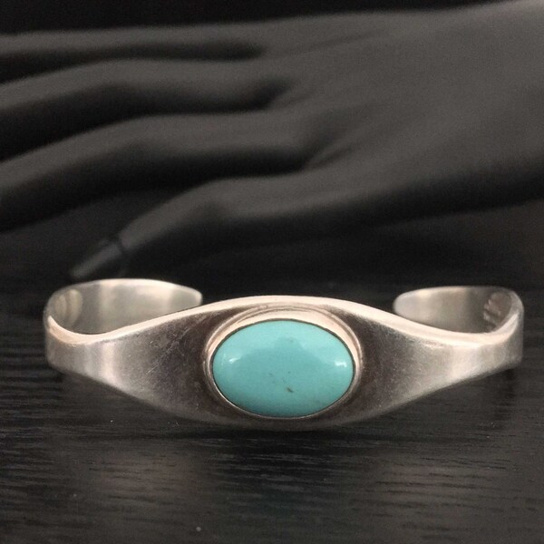 Vintage Mexico Sterling Silver Turquoise Cuff Bracelet Modernist heavy silver cuff with turquoise stone in the centre Hallmarked Mexico 925