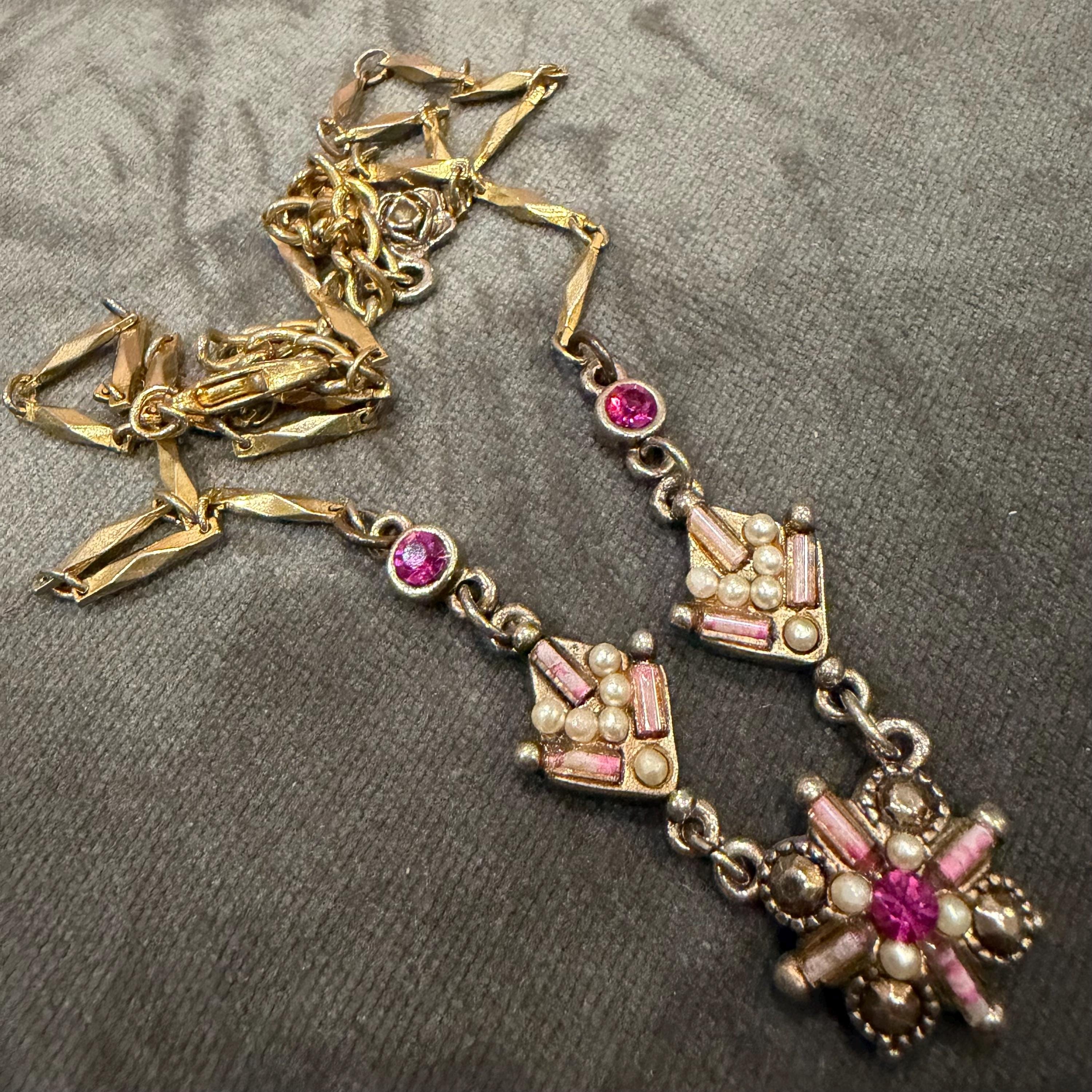 Pink Rhinestone Choker Vintage Pink and Gold Tone Choker Necklace With Rhinestones and Beads ...