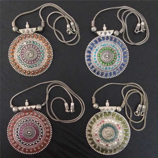 Metalwork Enamel Ethnic Boho Necklaces Statement Metal and Enamel Pendent Round Necklaces With Intricate detailing liquid silvertone chain