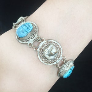 Antique Scarab And Sphinx Head Bracelet Mid Century Egyptian Revival Rare Turquoise Ceramic Carved Beetles
