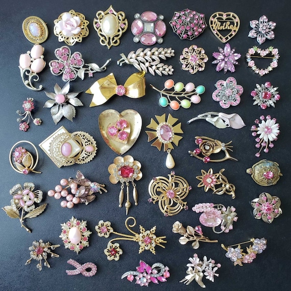 Vintage Pink Rhinestone Brooch Pins Czechoslovakia Coro PD Sarah Coventry Avon