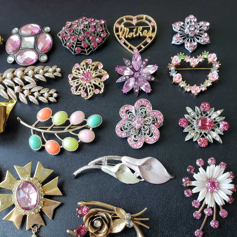 Vintage Pink Rhinestone Brooch Pins Czechoslovakia Coro PD Sarah