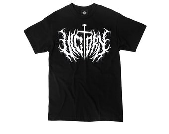 May include: Black t-shirt with a white graphic of a cross and the word "VICTORY" in a stylized metal font.