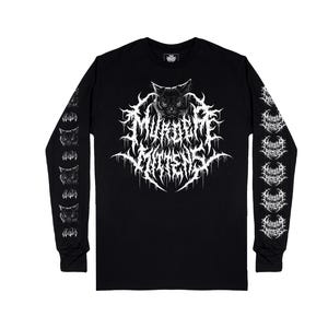May include: Black long-sleeve shirt featuring a stylized cat face and the words "MURDER MITTENS" in a gothic font. The left sleeve has cat faces and claws. The right sleeve has the words "MURDER MITTENS" repeated.