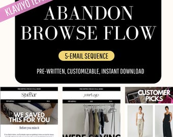 Puede incluir: Un recurso de marketing digital con un gráfico rectangular negro con el texto blanco KLAVIYO TEMPLATES, ABANDON BROWSE FLOW y un óvalo dorado con 5-EMAIL SEQUENCE. Debajo hay tres vistas previas de correos con imágenes de ropa.