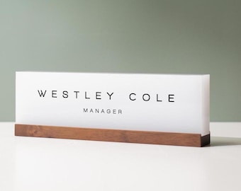 Personalized Acrylic Name Block (D3) - w/ Optional Wooden Base, Minimal Executive Desk CEO Sign, Job Office Decor, Teacher or Promotion Gift